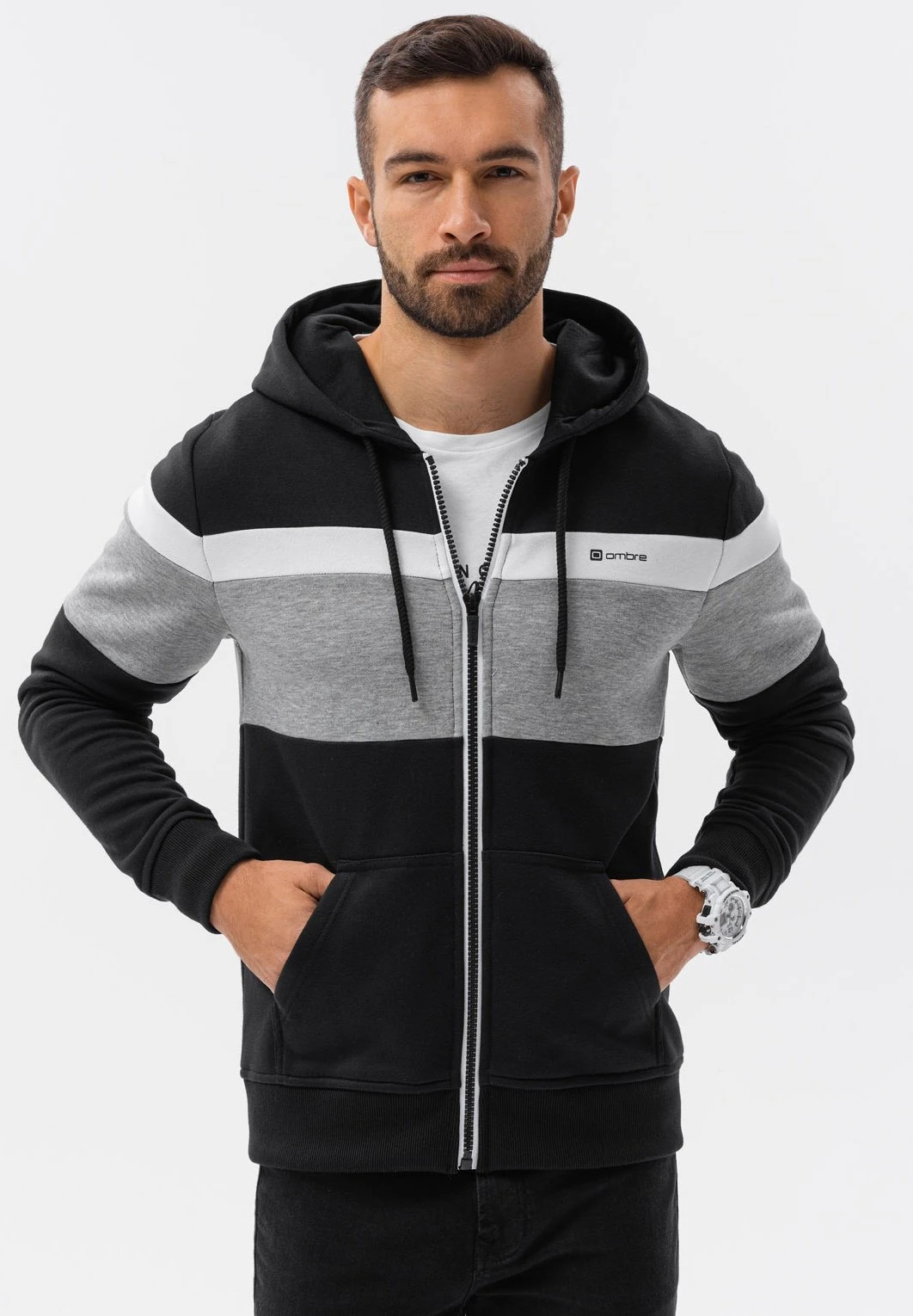 Tri Colour Hoodie- Sudadera Con Cremallera - Black