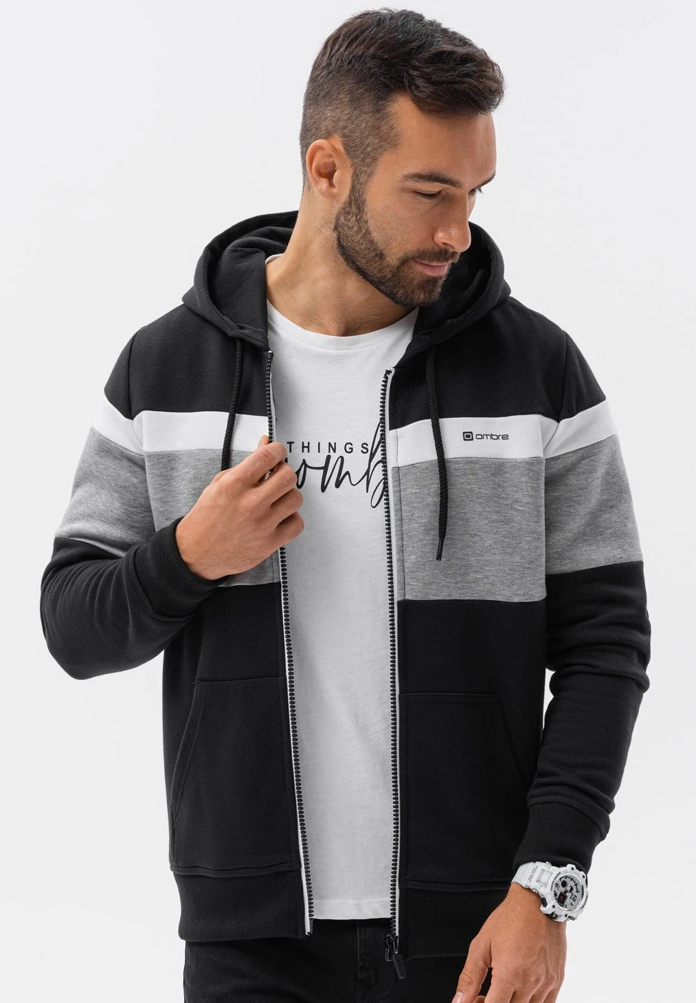 Tri Colour Hoodie- Sudadera Con Cremallera - Black - Imagen 5