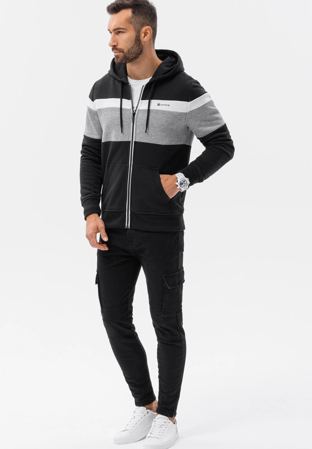 Tri Colour Hoodie- Sudadera Con Cremallera - Black - Imagen 2